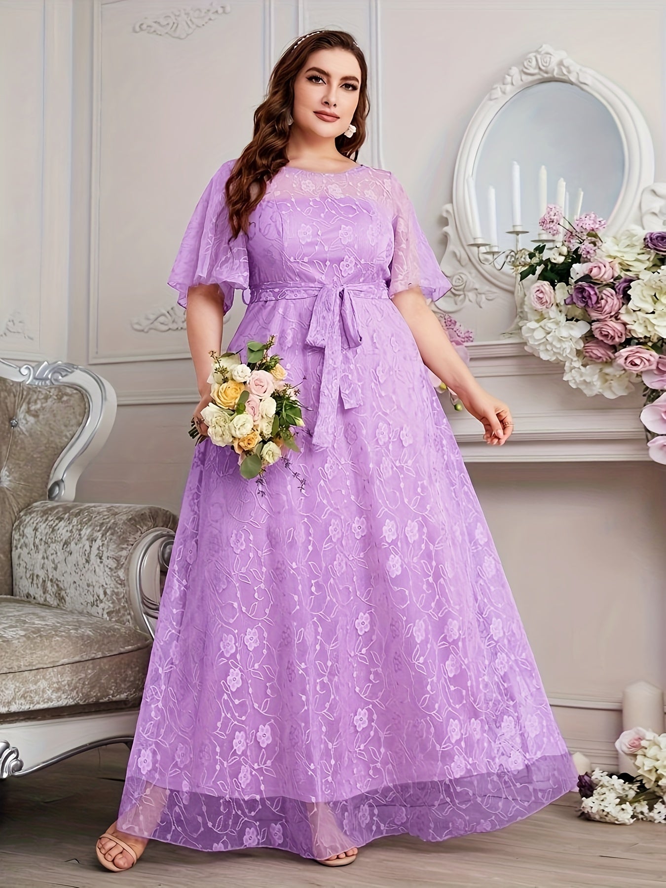Elegant High Waist Lace Round Neck Half Flutter Sleeve Solid Color Formal Floor Length Dress