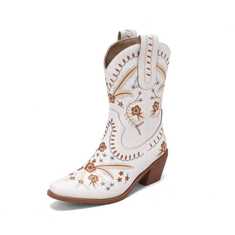 Chunky Heel Embroidered Knee-High Cowboy Boots – Women’s Square Toe Western Boots White CJ Dropshipping Embroidered Denim Boots