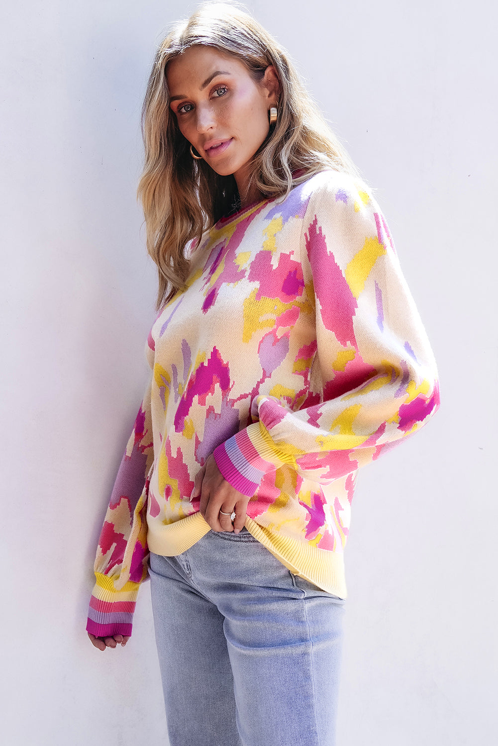 Colorful Abstract Balloon Sleeve Sweater