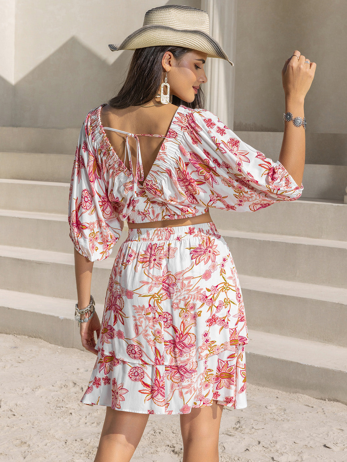 White & Red Floral Layered Skirt Set