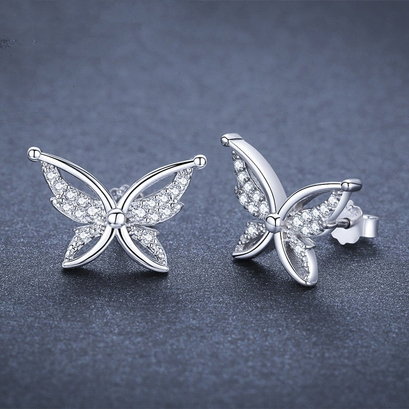 Silver Rhinestone Butterfly Earrings