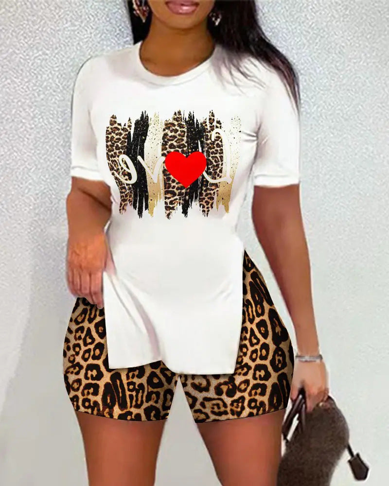 Women’s Printed Two-Piece Shorts Set – Trendy Split Sleeve Casual Matching Outfit Heart Leopard Print CJ Dropshipping Plus Size Shorts Sets