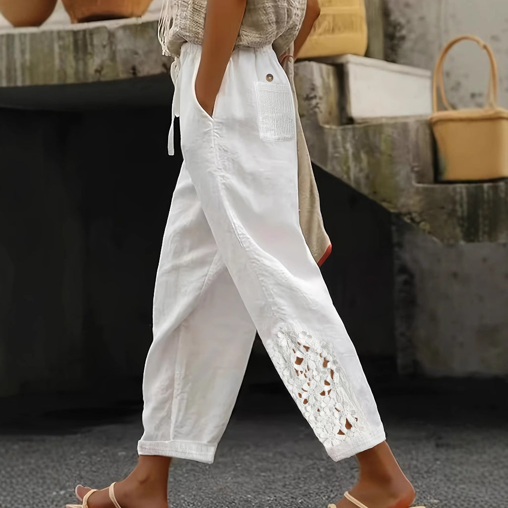 Women’s Lace Cutout Drawstring Straight Pants – Casual Wide Leg Lounge Trousers CJ Dropshipping Light White Cotton Pants
