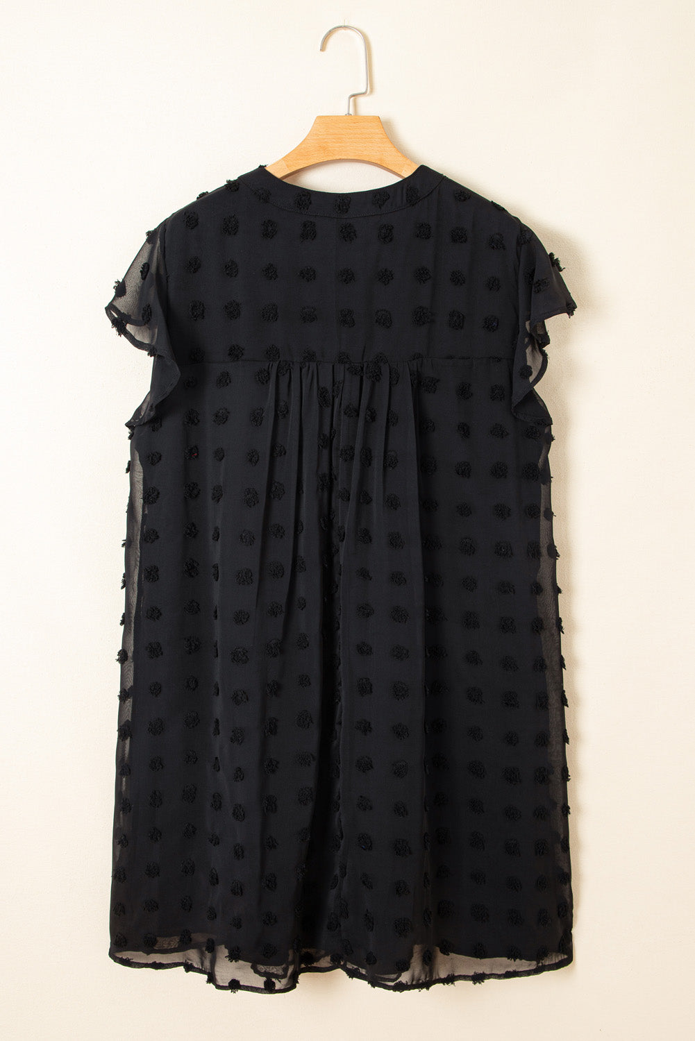 Black Dotty Textured Notched Neck Cap Sleeve Dress