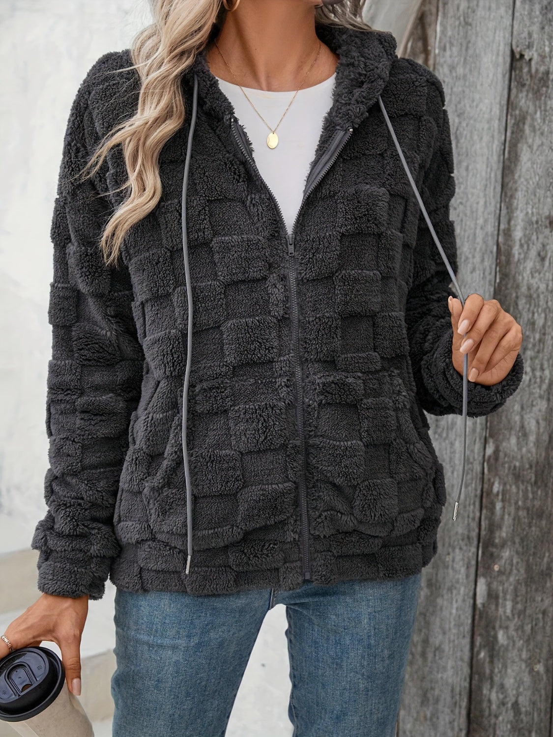 Grey Furry Checkered Hoodie