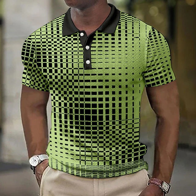 Men's Casual Short-Sleeve Plaid Polo Shirt Lime Plaid CJ Dropshipping Striped Polo Shirt