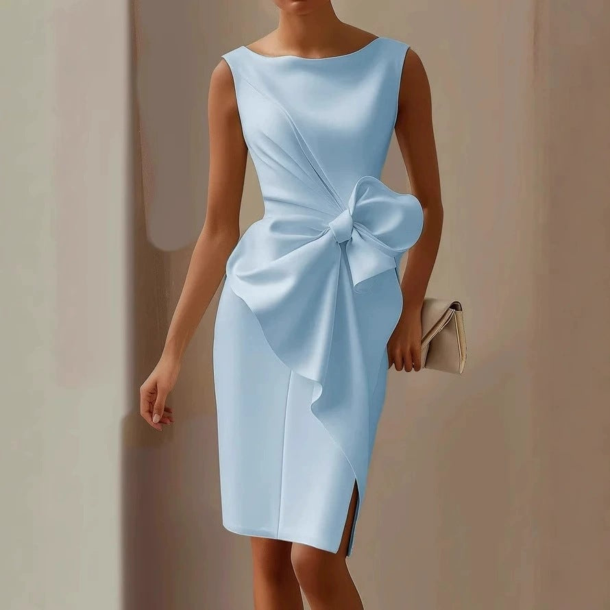 Elegant Slim Sleeveless Big Bow Dresses Light Blue CJ Dropshipping Sleeveless Pencil Dress