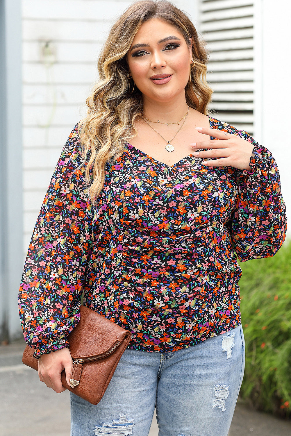 Plus Size V Neck Floral Long Sleeve Blouse or Dress