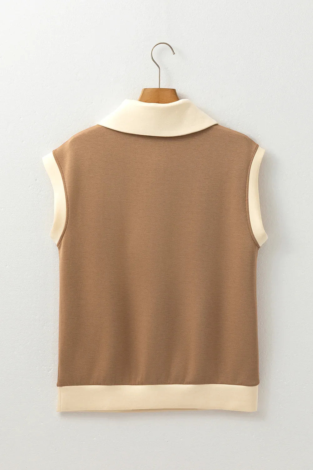 Simply Taupe Half Zipper Collared Colorblock Short Sleeve Top Bazaare Mart Tops/Tops & Tees