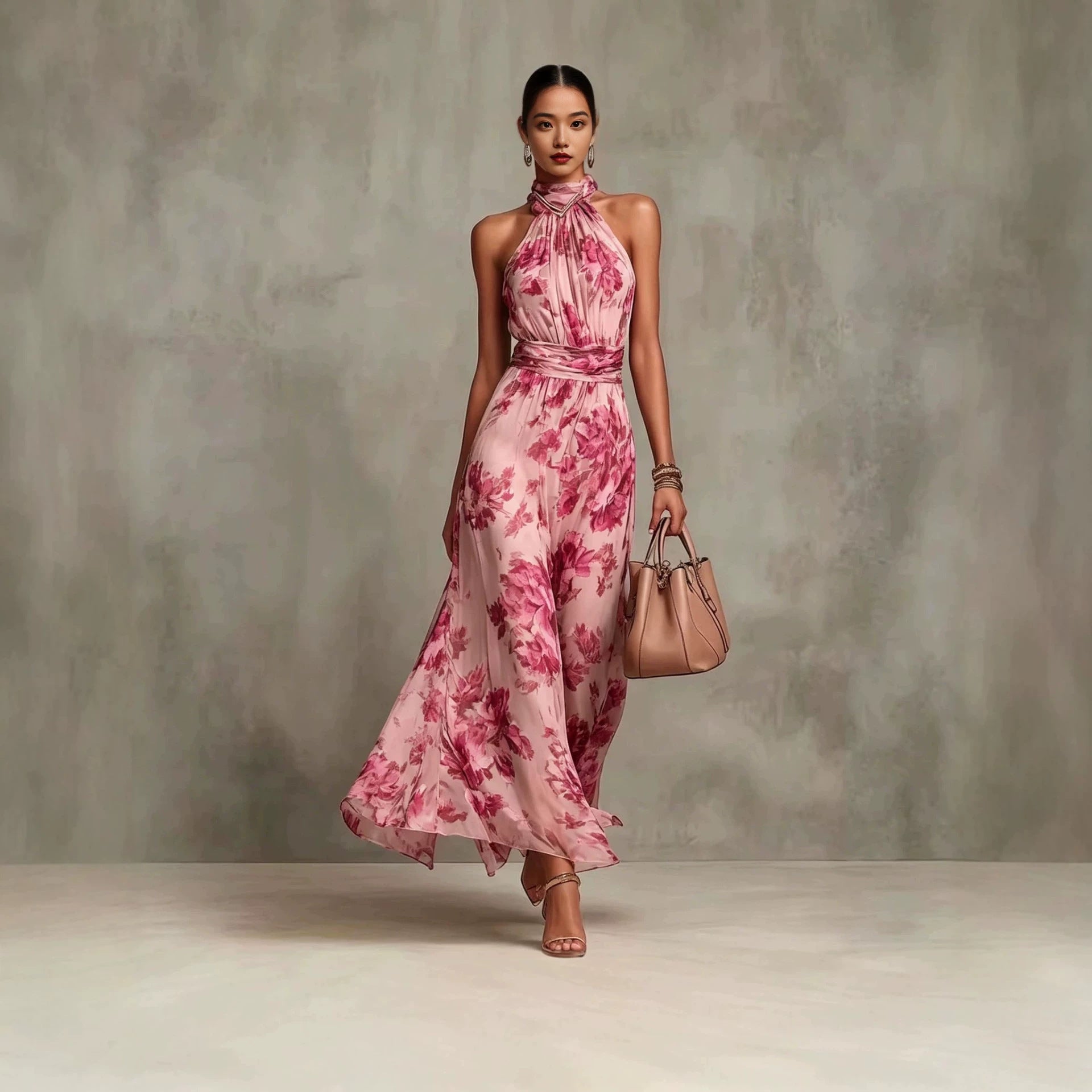 Neck-hanging Printed Chiffon Maxi Dress Bright Pink CJ Dropshipping Maxi Halter Dress