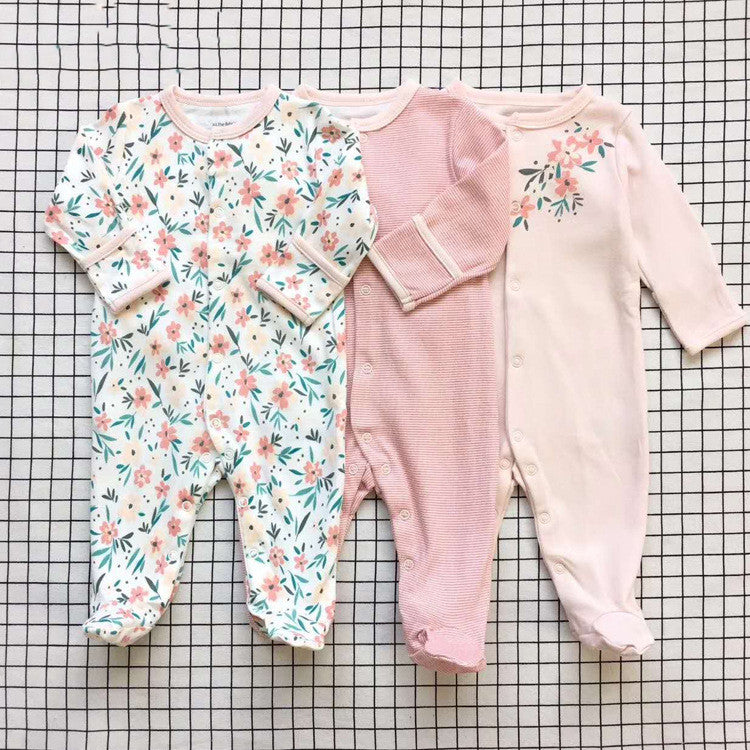 Pink Floral Baby Light Weight Footed PJs 3pk