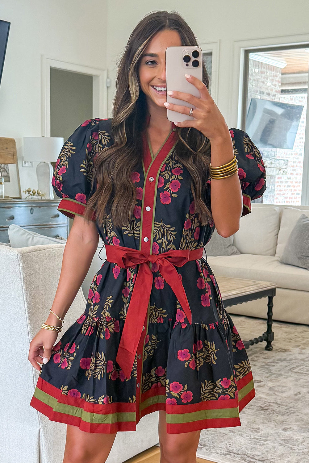 Black Retro Floral Belted Short Puff Sleeve Mini Dress Bazaare Mart Dresses/Floral Dresses