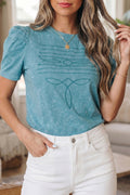Turquoise Western Embroidered Cotton Tee – Mineral Wash Puff Sleeve Cowboy Top Turquoise 100%Cotton Dear-Lover Dropshipping Tops/Tops & Tees