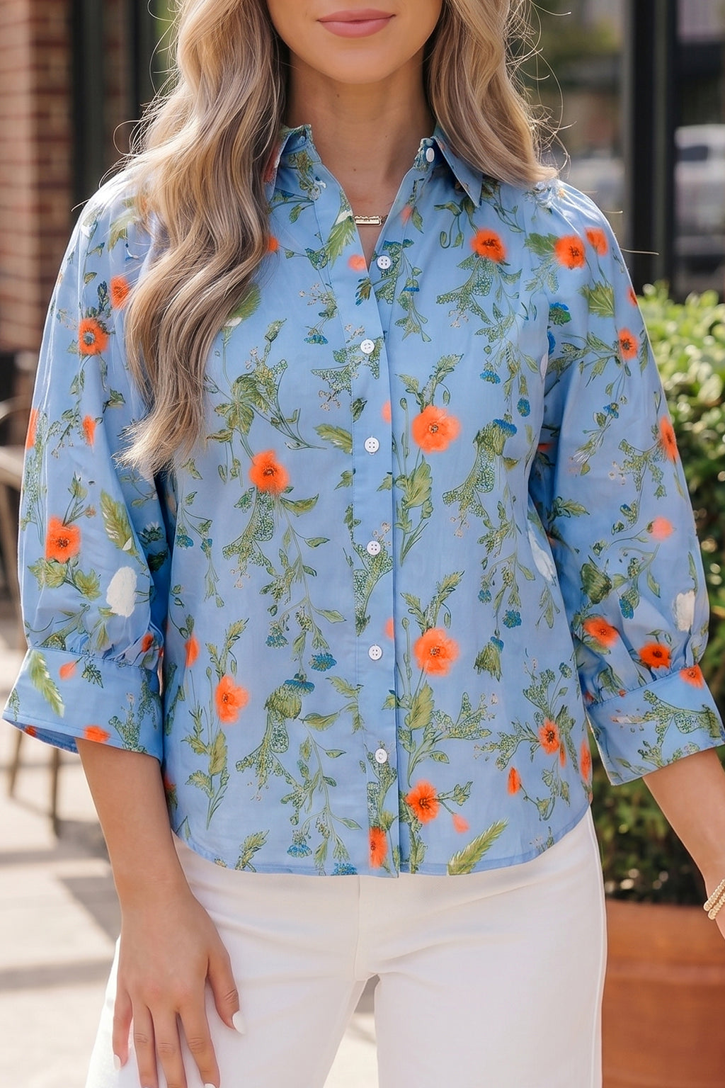 Sky Blue Floral Button-Down Blouse