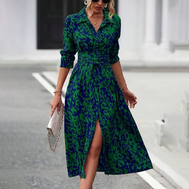Abstract Print Collared V-Neck Belted Midi Dress