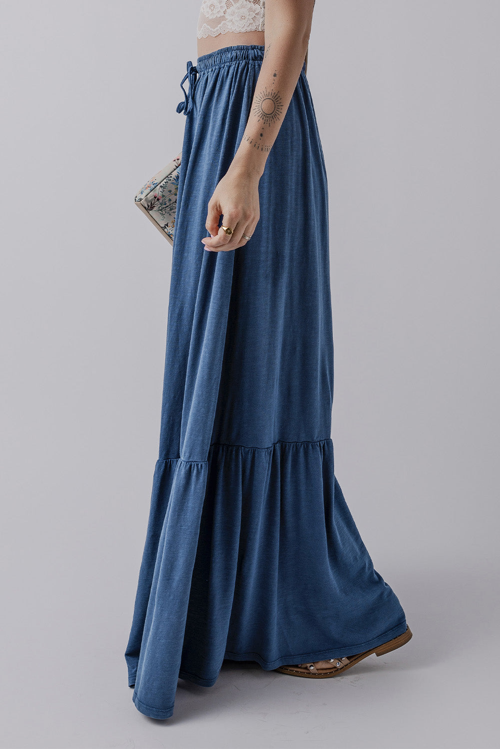 Sail Blue Solid Color Lace up High Waist Tiered Maxi Skirt