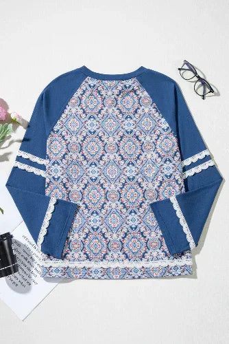 Blue Patchwork & Lace Raglan Long Sleeve Top Bazaare Mart Tops/Long Sleeve Tops