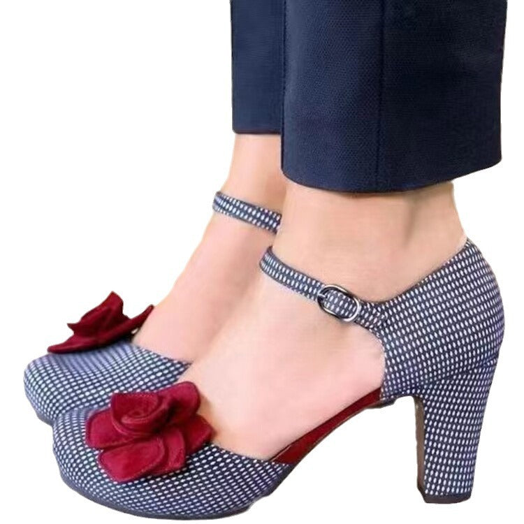 Women’s Camellia Checker Mary Jane Sandals – Round Toe Buckle Strap Flats CJ Dropshipping Red Camellia Houndstooth Mary Janes