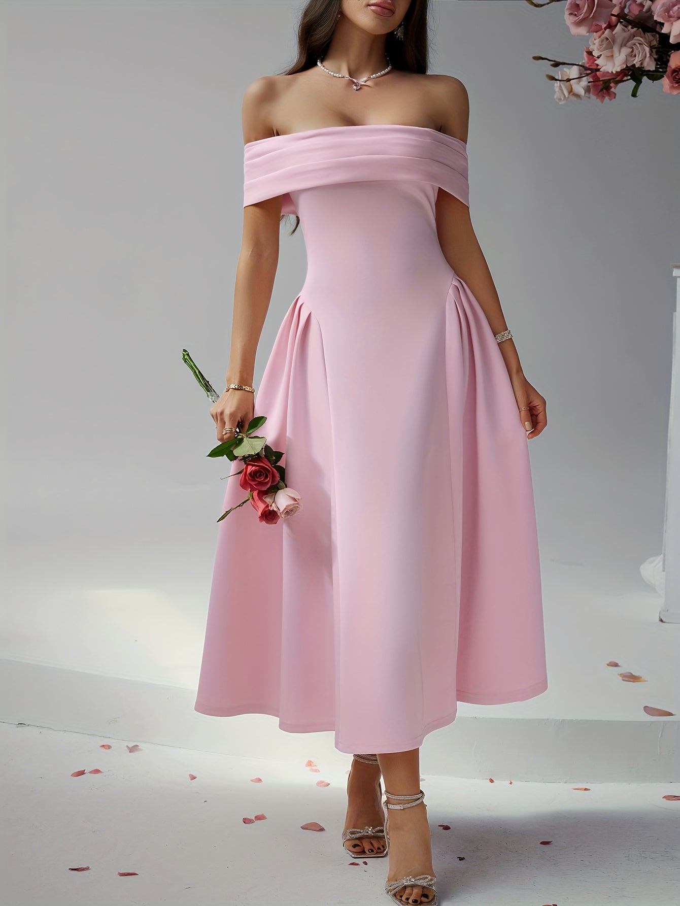 Elegant Pure Color High Waist Off Shoulder Midi Dress