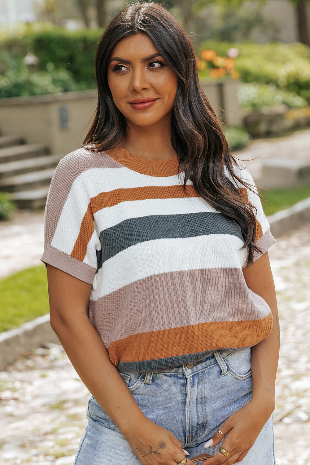 Taupe Classic Round Neck Colorblock Knit Sweater