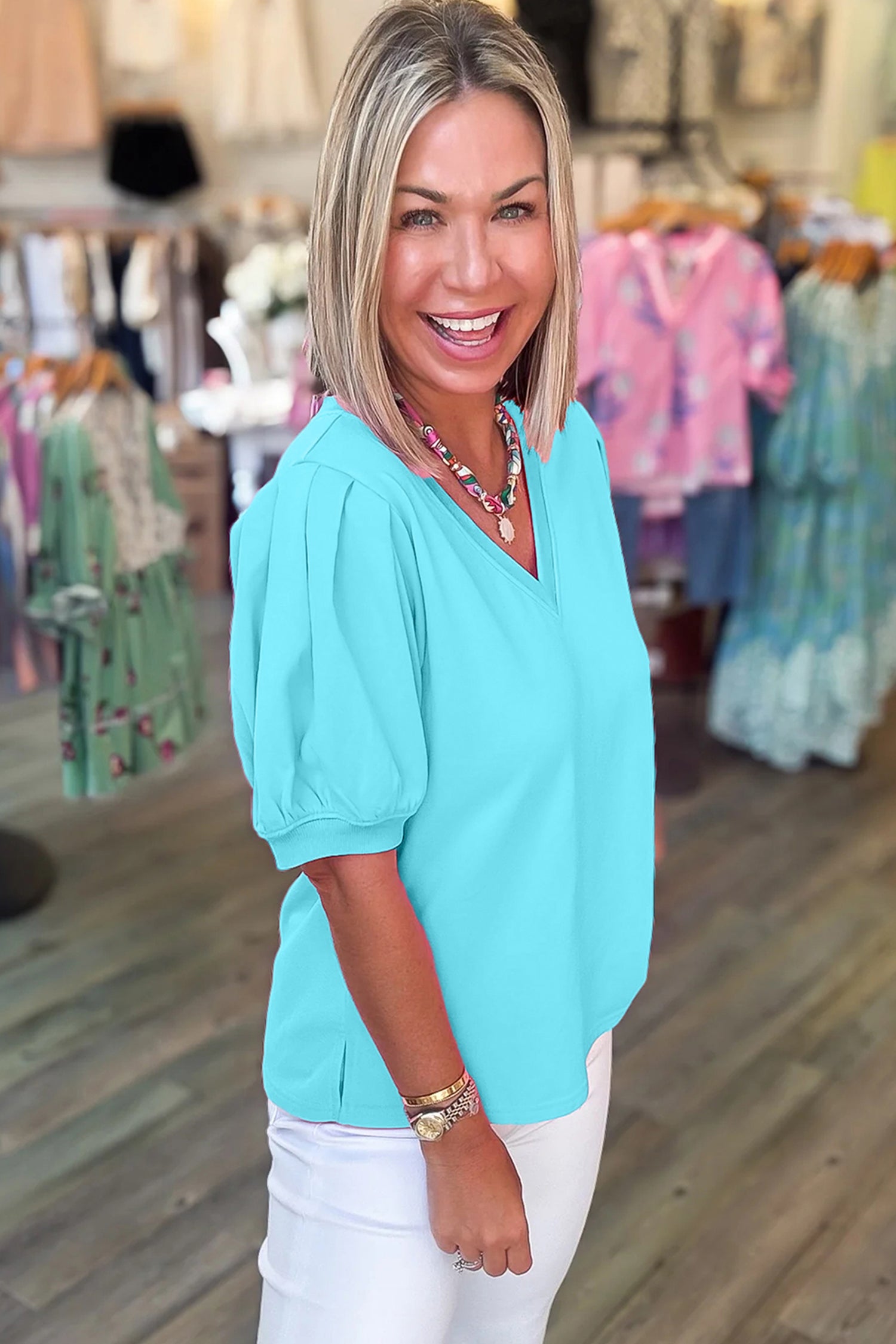 Yellow Solid Color V Neck Short Puff Sleeve Blouse Dear-Lover Dropshipping Tops/Blouses & Shirts