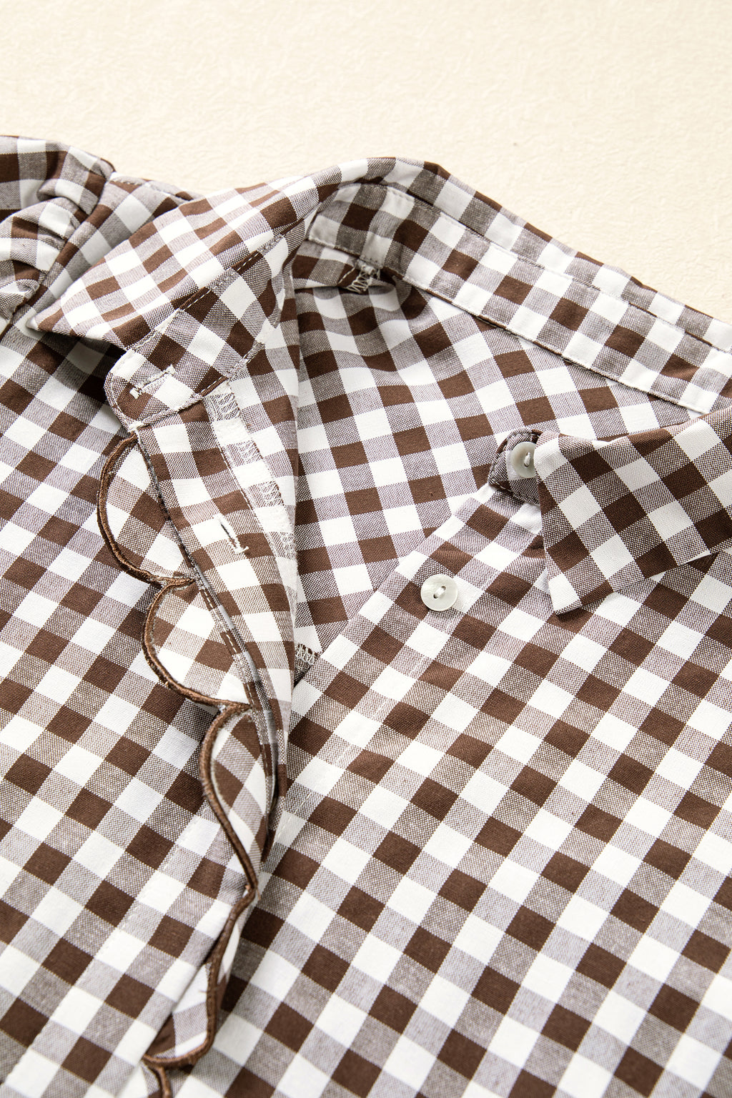 Brown Plaid Ruffle-Front Button Down Shirt