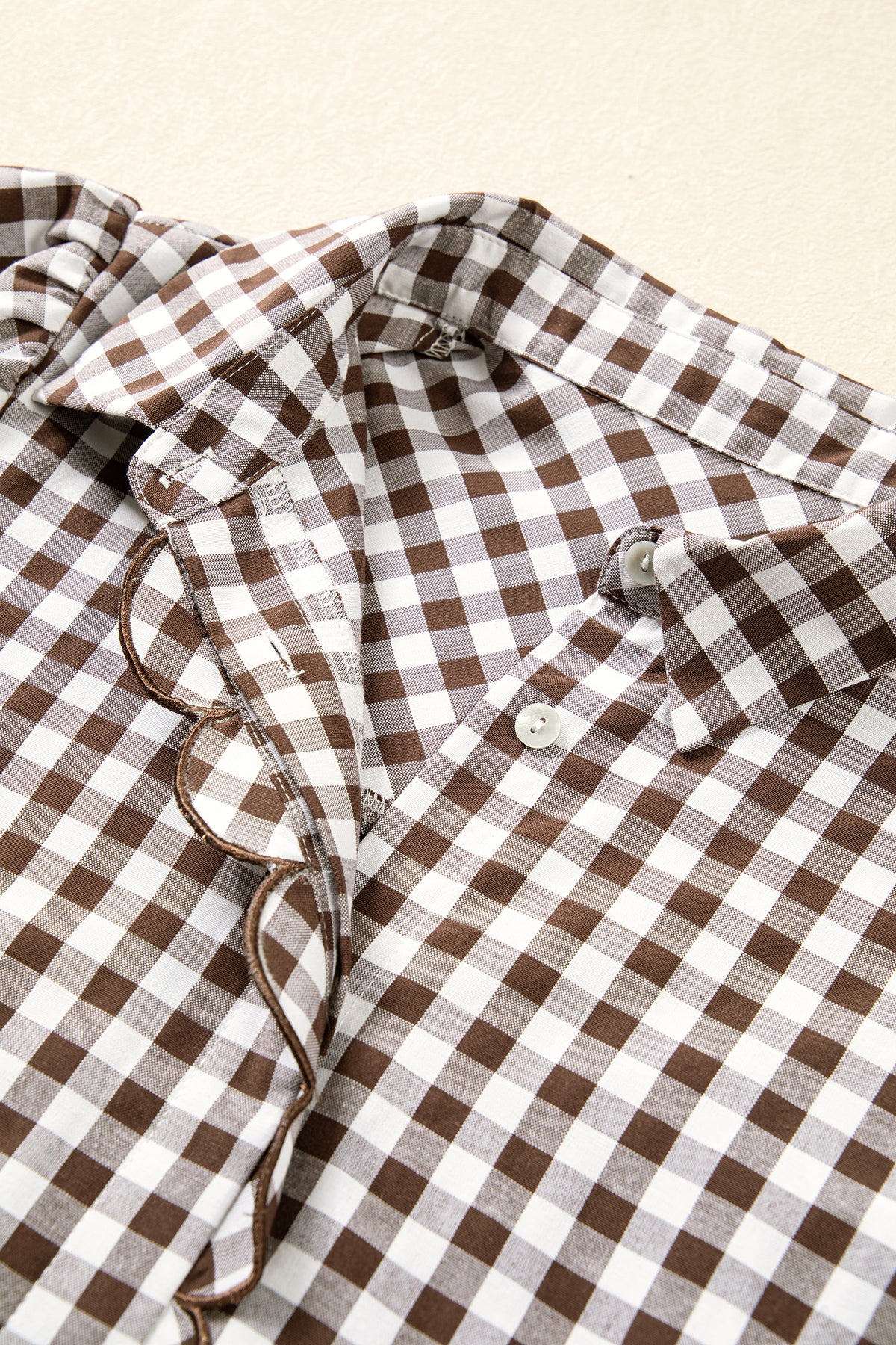 Brown Plaid Ruffle-Front Button Down Shirt
