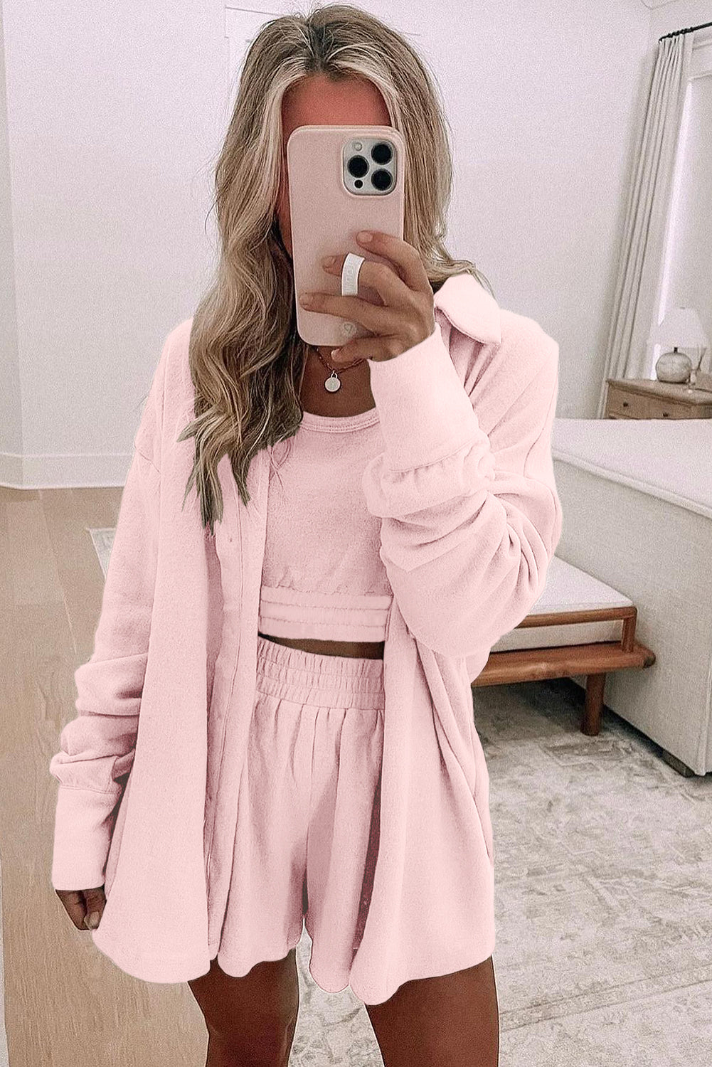 Light Pink 3 Pc Crop Tank Top Shorts with Cardigan Lounge Set