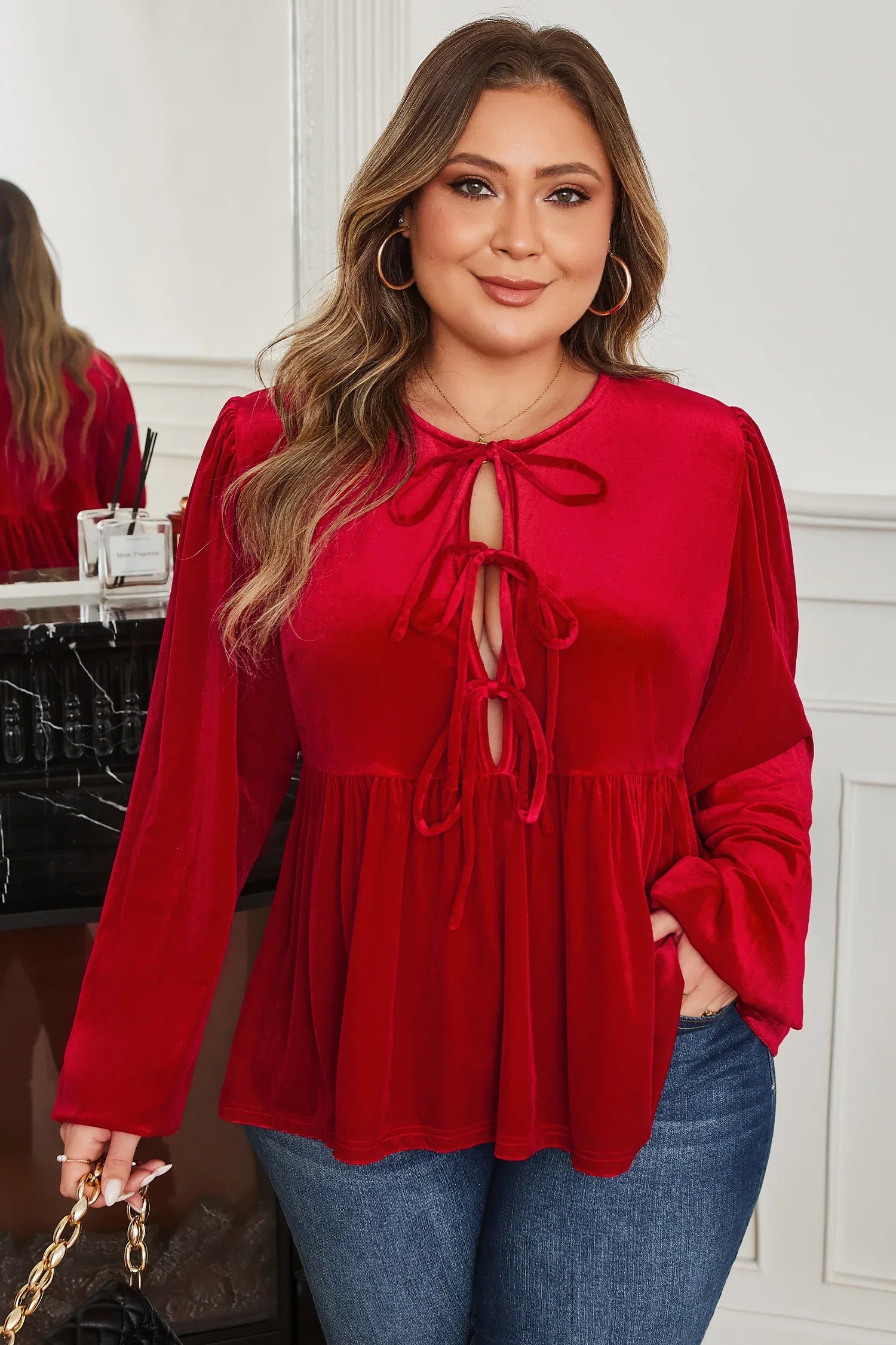 Red Tie Front Velvet Peplum Blouse Bazaare Mart Plus Size/Plus Size Tops/Plus Size Blouses & Shirts