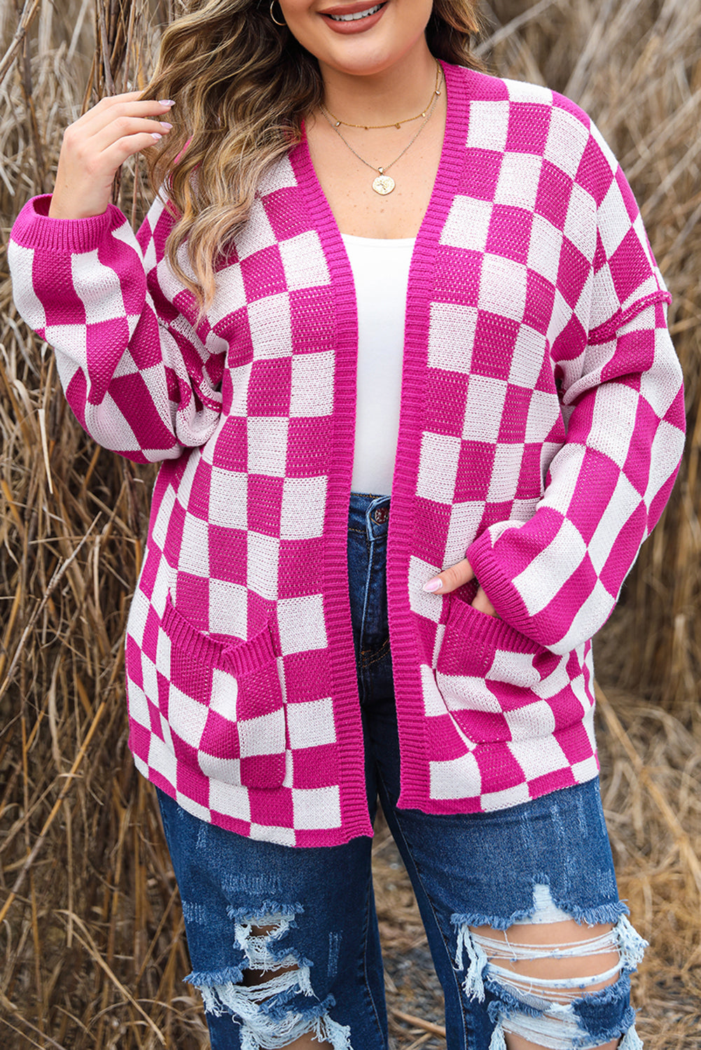 Bonbon Checkered Open Front Plus Size Cardigan