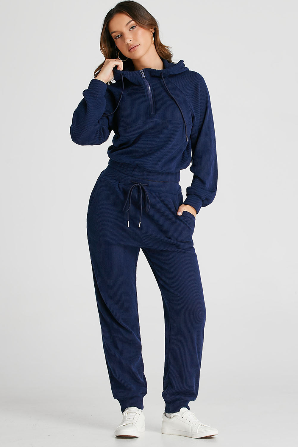Navy Ribbed Knit Cropped Hoodie Joggers Set