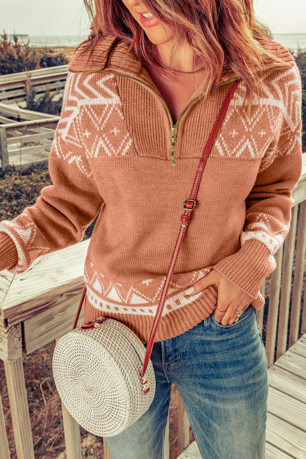 Pink Geometry Knit Quarter Zip Sweater