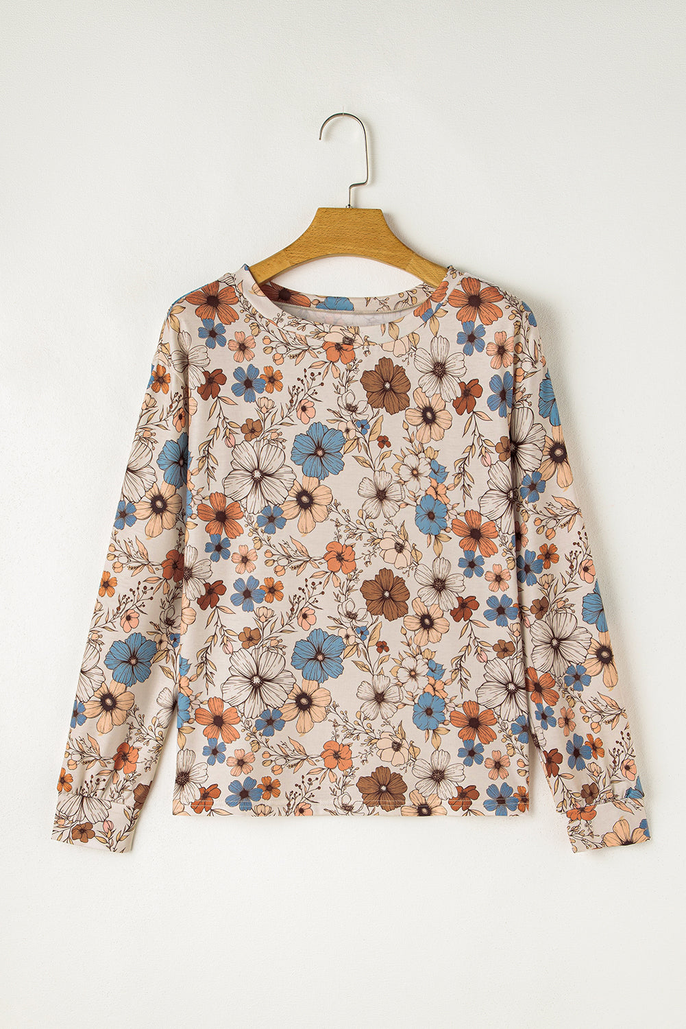 Khaki Floral Print Long Sleeve T Shirt