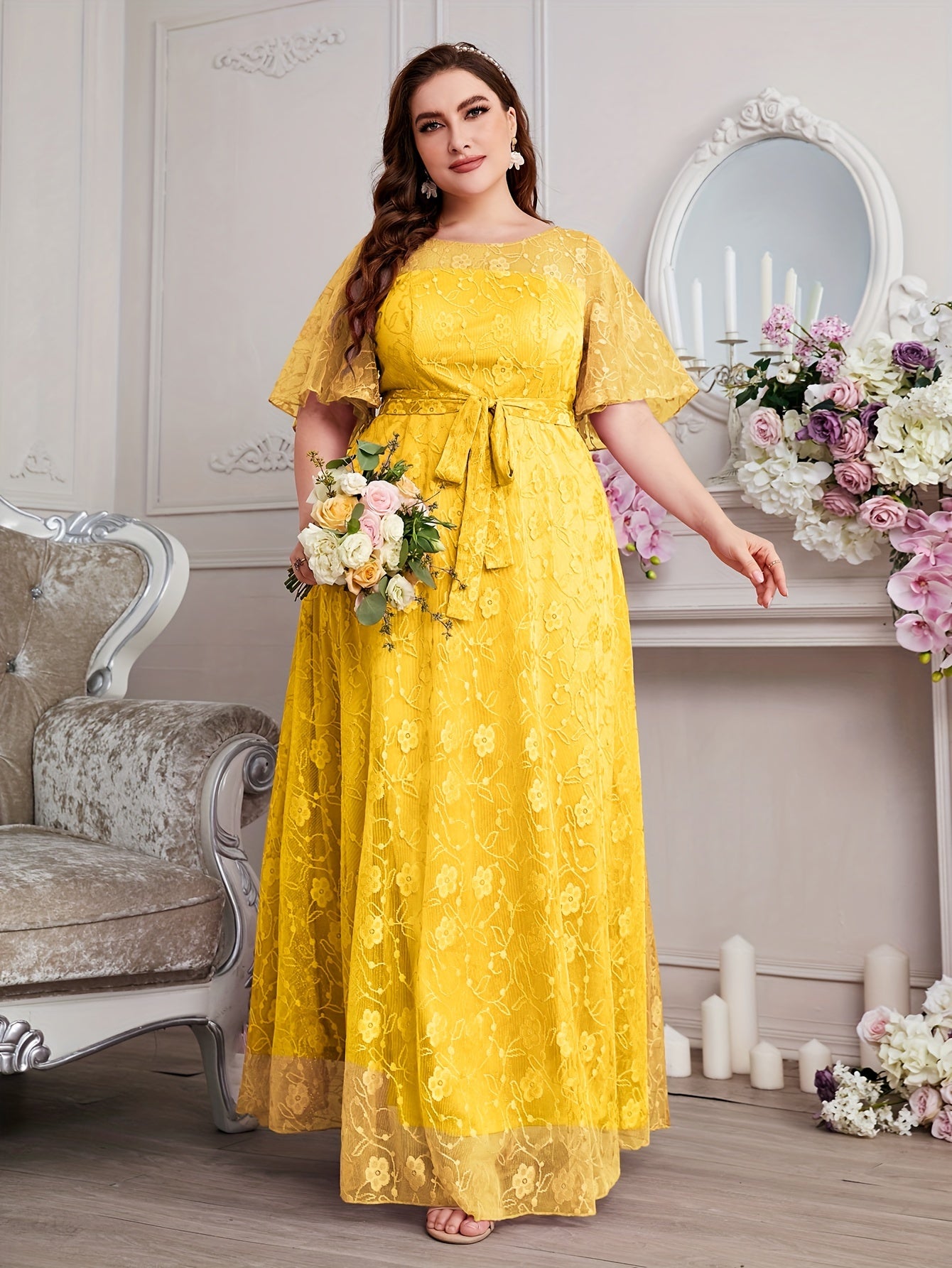 Elegant High Waist Lace Round Neck Half Flutter Sleeve Solid Color Formal Floor Length Dress