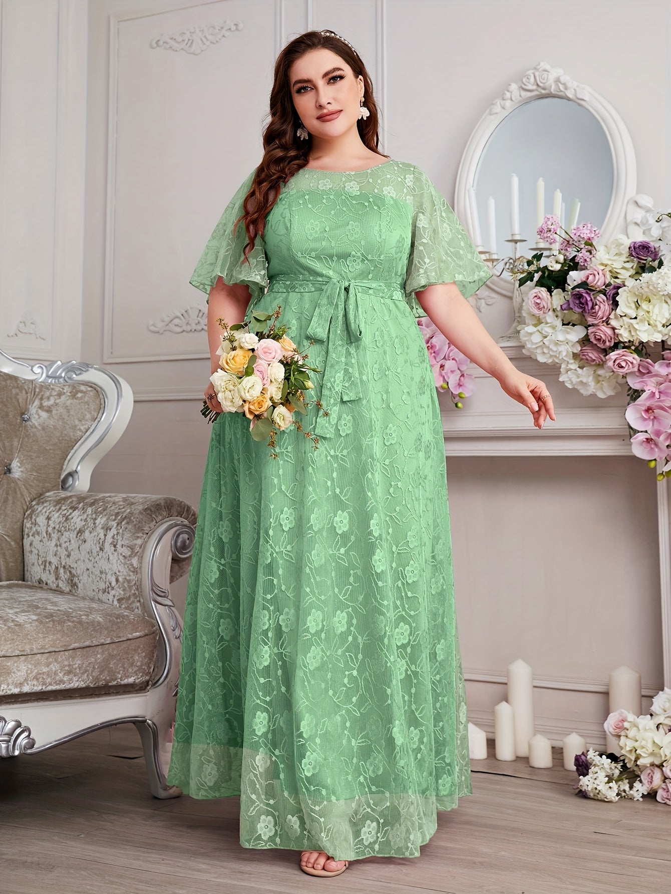 Elegant High Waist Lace Round Neck Half Flutter Sleeve Solid Color Formal Floor Length Dress