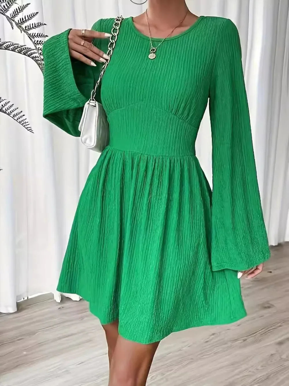 Round Neck Flare Sleeve Mini Dress Green Bazarre Mart Round Neck Flare Sleeve Mini Dress