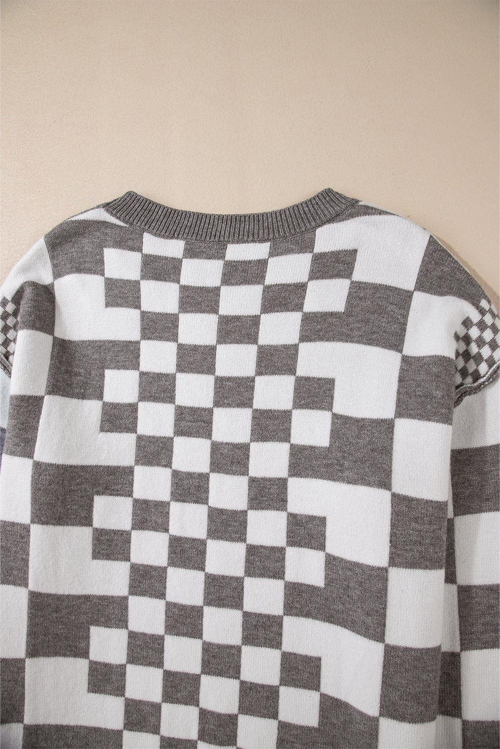 Gray Checkered Drop Shoulder Round Neck Sweater