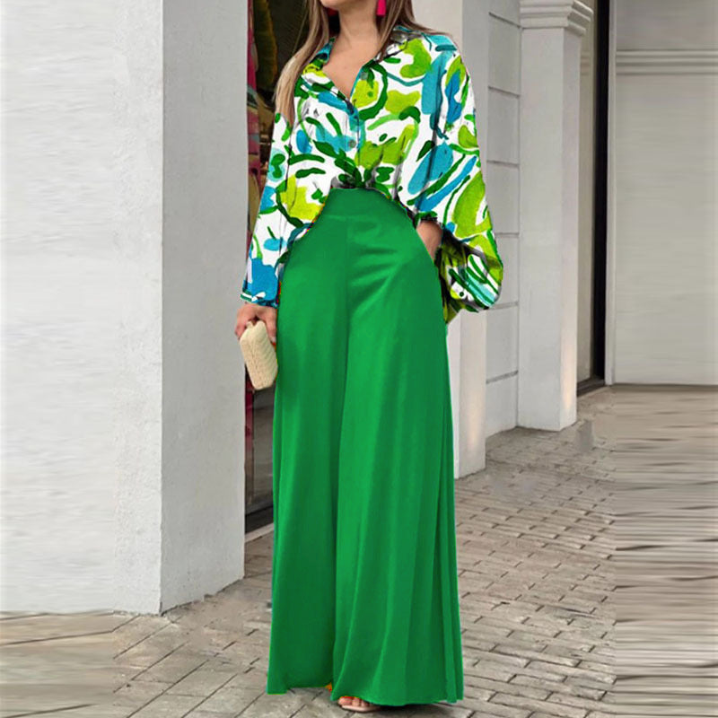 Women's Printed Shirt Wide Leg Pants Fashion Casual Set Cyan Green CJ Dropshipping 2 pc. Pants Outfit