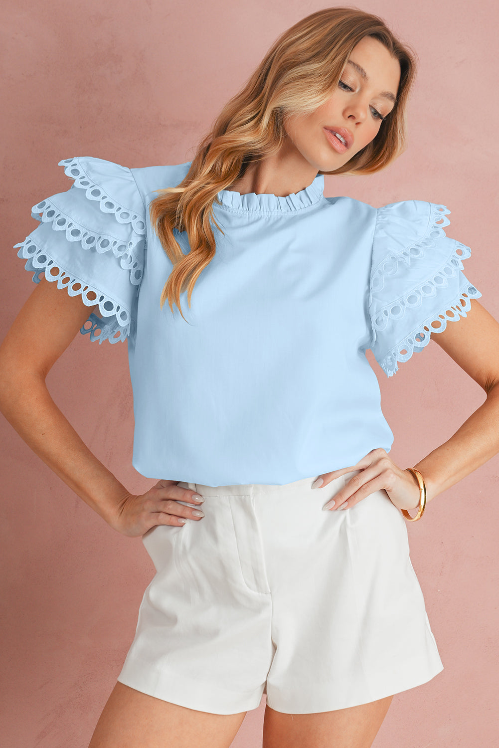 Light Blue Layered Cap Sleeve Frill Neck Blouse
