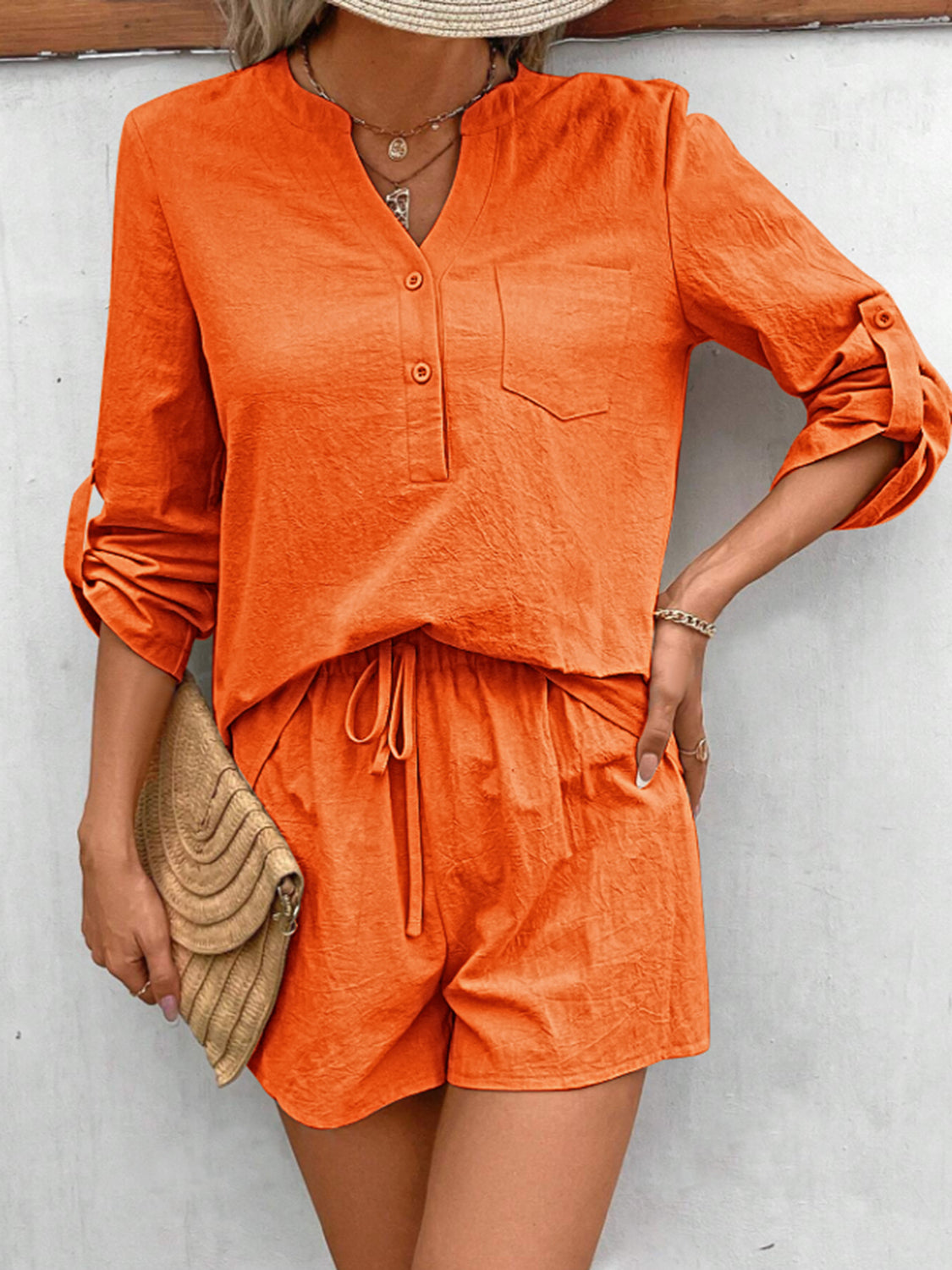 Rolled Long Sleeve Top and Drawstring Shorts Set