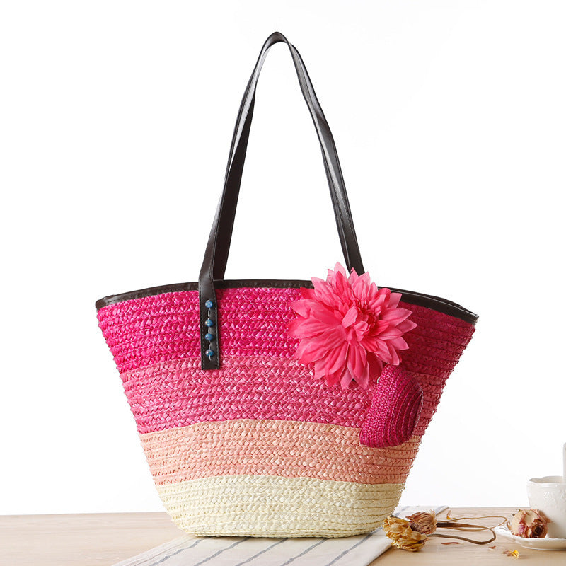 Pink Striped Straw Beach Bag