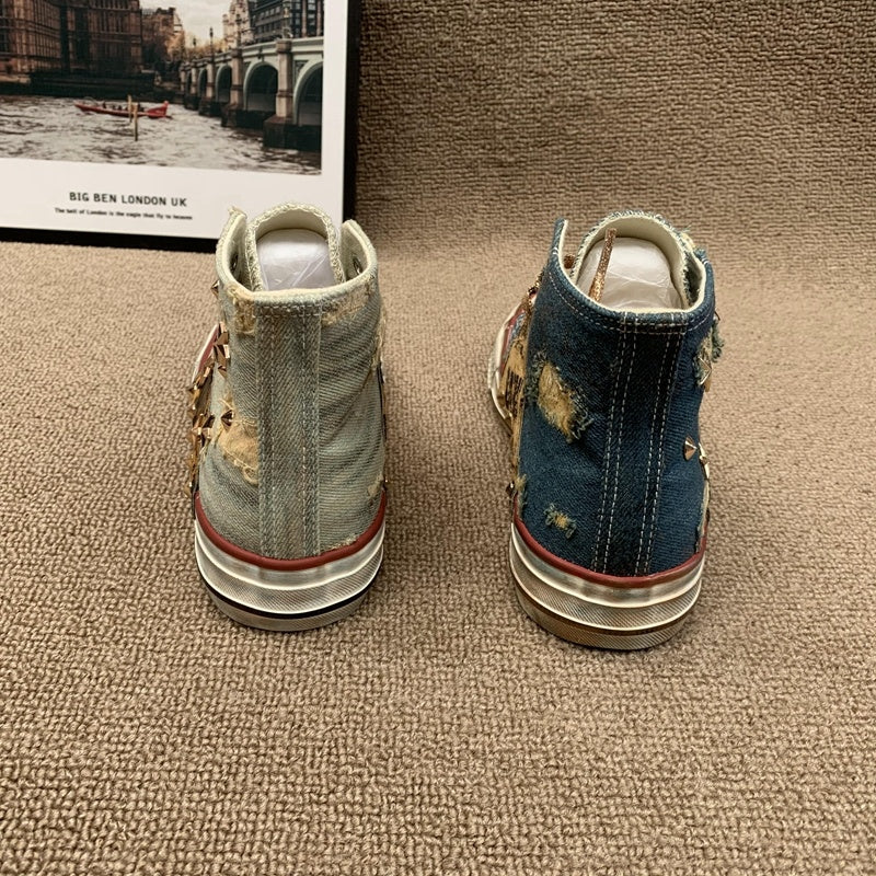 Distressed Riveted Denim High Top Shoes