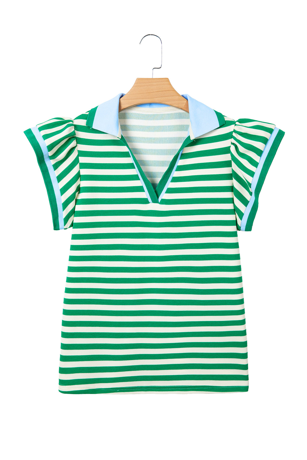 Striped Polo Collar Blouse – Contrast Trim Ruffle Sleeve Casual Women’s Top Dear-Lover Dropshipping Tops/Blouses & Shirts