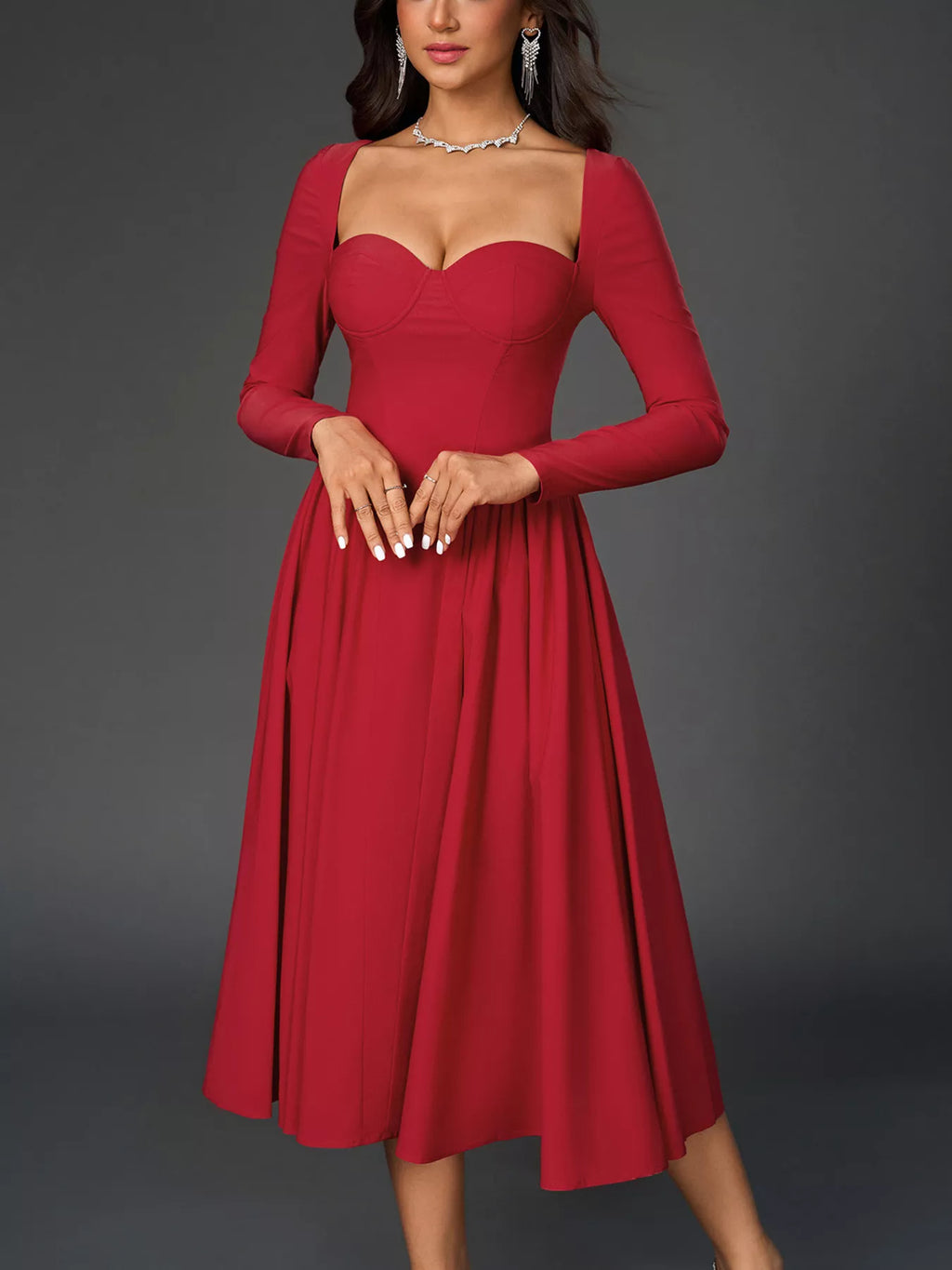 Sweetheart Neckline Long Sleeve A-Line Midi Dress Trendsi Sweetheart Neckline Long Sleeve A-Line Midi