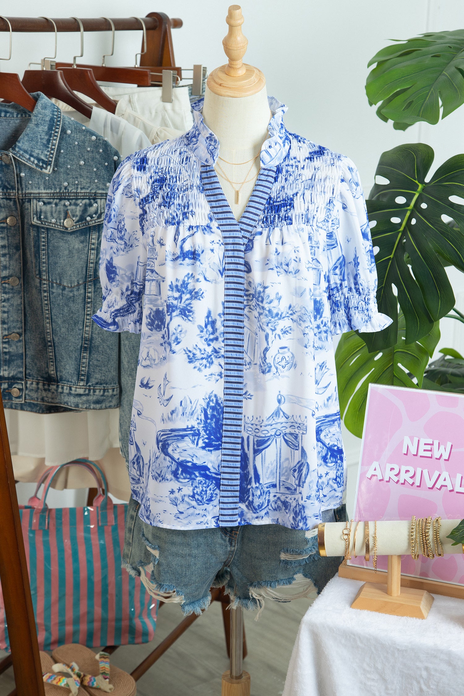 Blue Toile Print Smocked Puff Sleeve Blouse Dear-Lover Dropshipping Tops/Blouses & Shirts