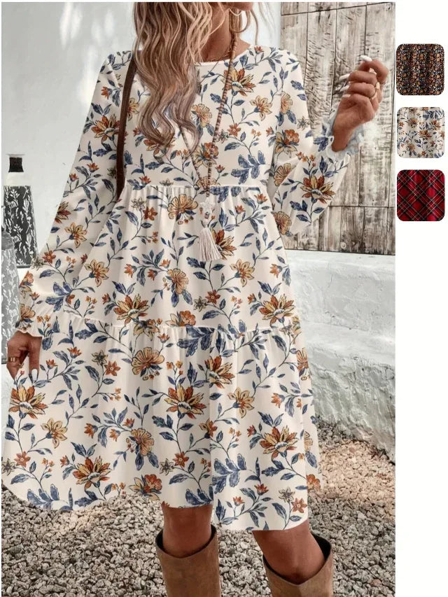 Round Neck Long Sleeve Tiered Empire Dress Bazaare Mart Round Neck Long Sleeve Tiered Empire Dress