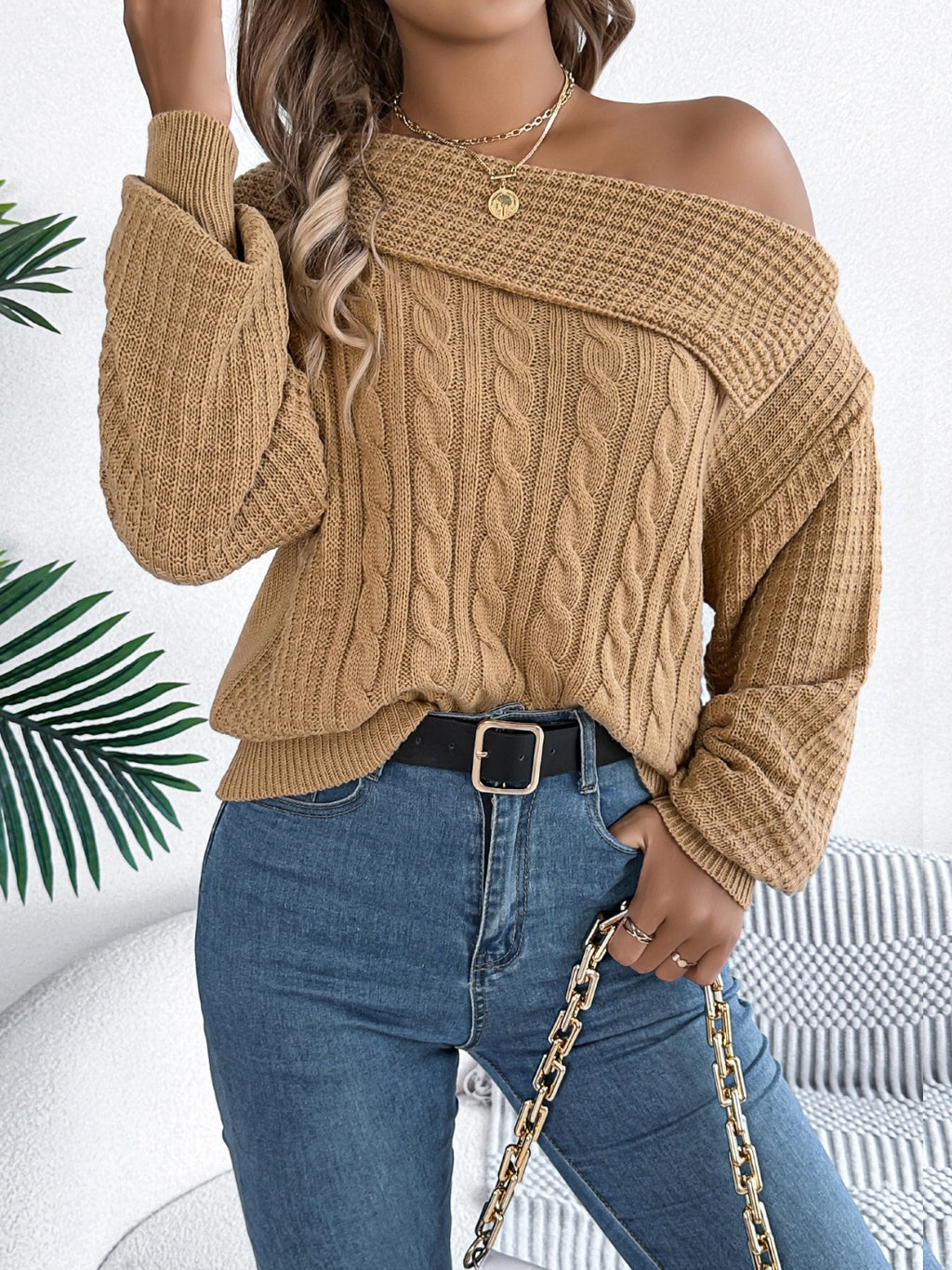 Cable-Knit Off Shoulder Long Sleeve Sweater