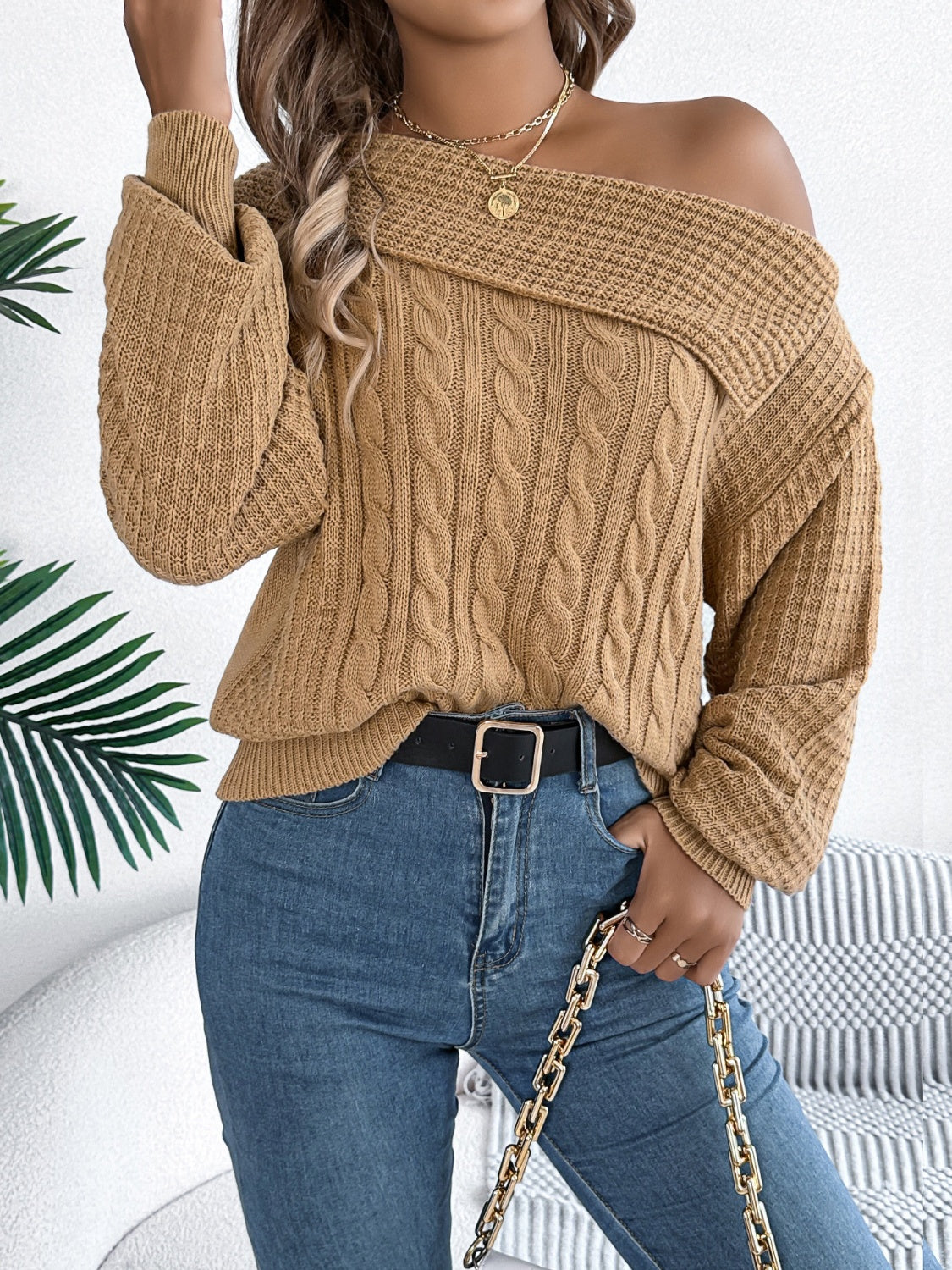 Cable-Knit Off Shoulder Long Sleeve Sweater