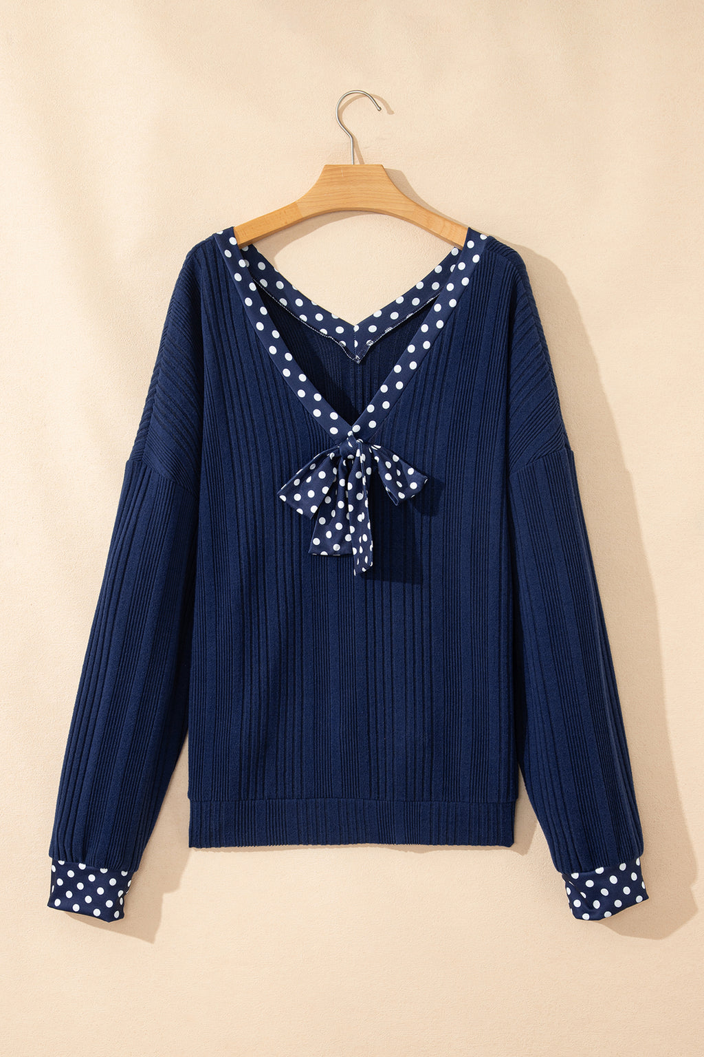 Dirty blue Polka Dot Trimmed V Neck Bow Tie Textured Ribbed Top Dear-Lover Dropshipping Tops/Long Sleeve Tops