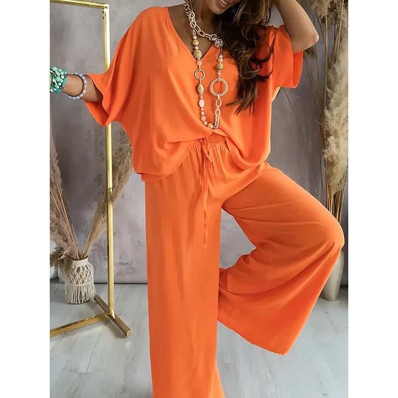 Solid Color V-Neck Half Sleeve Top And Wide Leg Pants Set